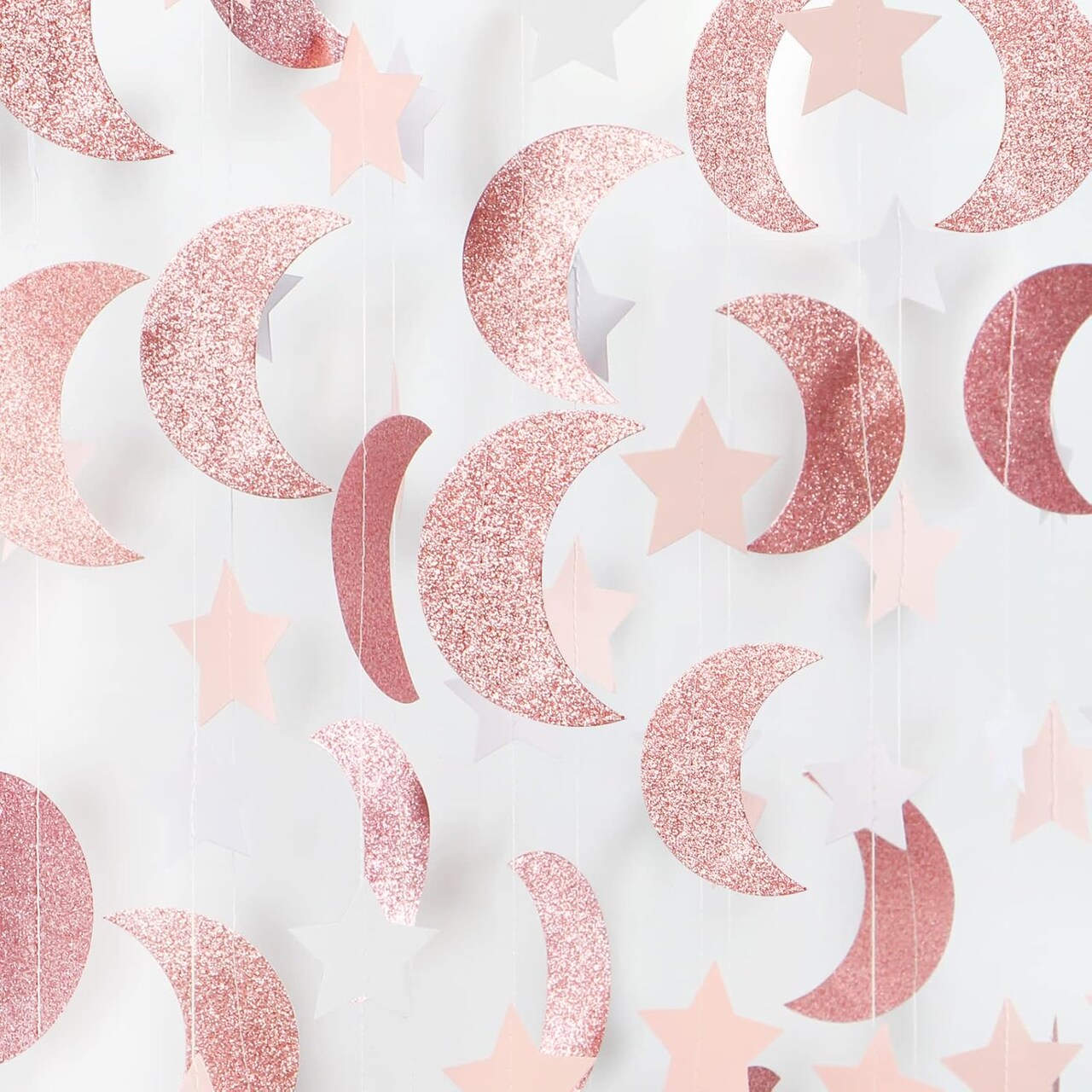 52 ft Pink & Rose Gold Moon-Star Garland – Twinkle Little Star Party & Holiday Decor